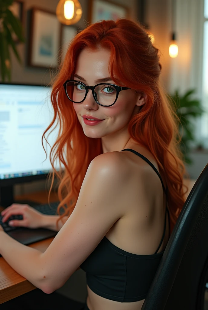 A red-haired influencer with green eyes, an innocent look and full lips. freckles on cheeks. medium breasts. A mole on the right breast. round buttocks. use glasses. Full body shot from head to toe. in 8K. very detailled, She is sitting in front of the computer. she looks at us over her shoulder 
