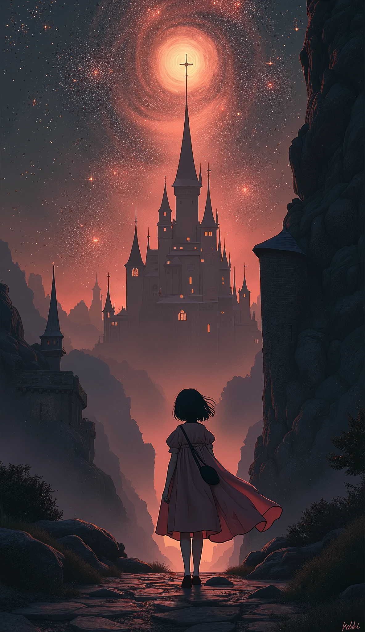 night sky, castle,  1girl, standing, solo, full body, , maribe, puffy short sleeves,  cape, bag