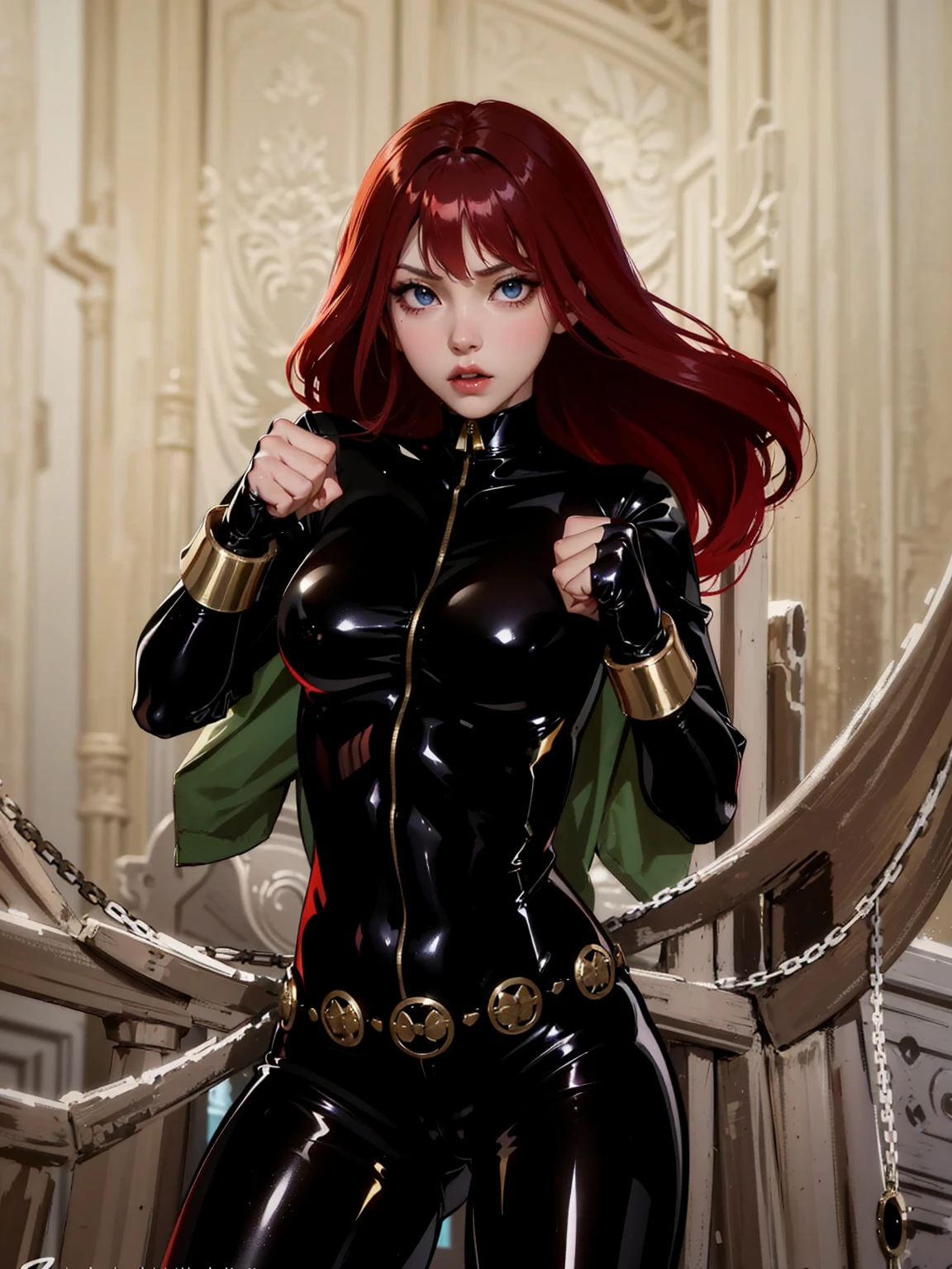 The image is a drawing of a girl with shoulder-length, bright red hair dressed in a sleek skin-tight shiny black latex bodysuit with a silver zipper running down the front. The suit is complemented by her golden wrist guard on both wrists and a golden belt made of shiny circles. She has blue eyes. She stands with a strong posture, hands clenched into fists at her sides, and eyes cast with a determined or fierce gaze. In the background, there are white chains that curve upwards. Her overall stance and the background chains convey a powerful presence and a sense of energy, readiness for action, and possibly a dangerous situation.