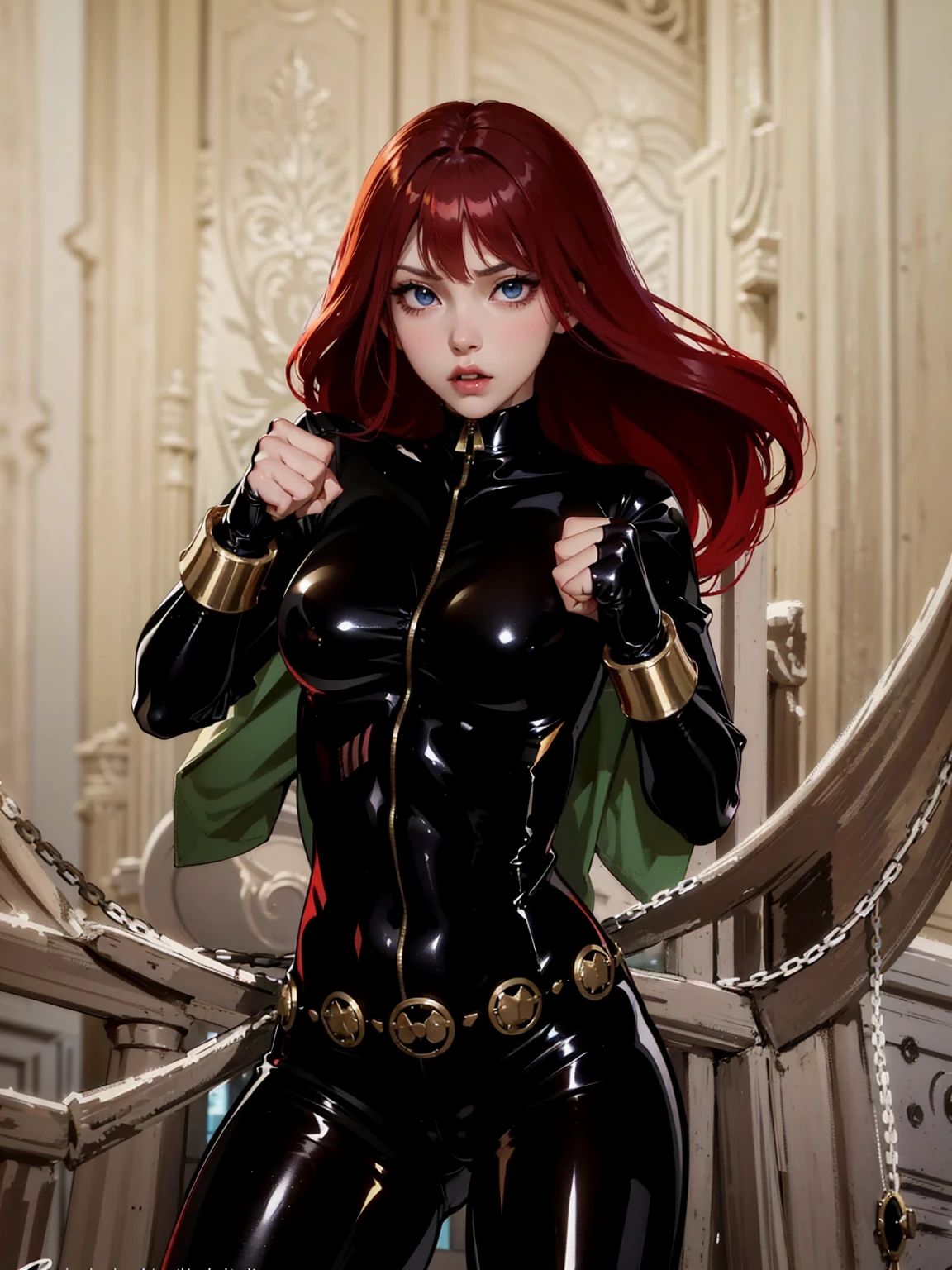The image is a drawing of a girl with shoulder-length, bright red hair dressed in a sleek skin-tight shiny black latex bodysuit with a silver zipper running down the front. The suit is complemented by her golden wrist guard on both wrists and a golden belt made of shiny circles. She has blue eyes. She stands with a strong posture, hands clenched into fists at her sides, and eyes cast with a determined or fierce gaze. In the background, there are white chains that curve upwards. Her overall stance and the background chains convey a powerful presence and a sense of energy, readiness for action, and possibly a dangerous situation.