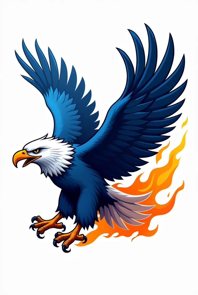 ANIMATED BLUE AND ORANGE EAGLE LOGO ON FIRE (ORANGE FIRE) SIDE VIEW OF ANIMATED EAGLE FOOTBALL ART STYLE HIGHLY DETAILED TEAM LOGO TYPE, com fundo branco