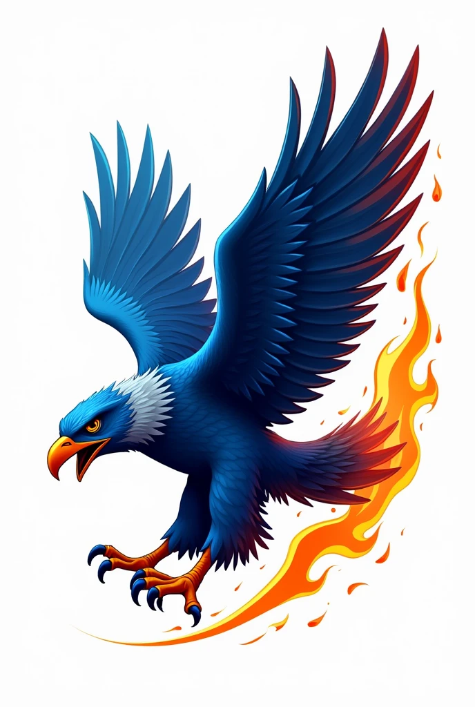 ANIMATED BLUE AND ORANGE EAGLE LOGO ON FIRE (ORANGE FIRE) SIDE VIEW OF ANIMATED EAGLE FOOTBALL ART STYLE HIGHLY DETAILED TEAM LOGO TYPE, com fundo branco