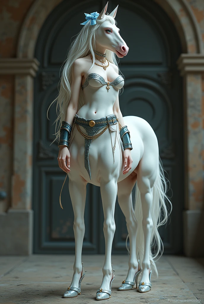 1.Half-human horse girl,Four legs,Leather Belt Bracelet Necklace,Crystal high heels,Sparkling all over with stars,((Wearing medieval leather armor: 1.6))(Flesh-colored skin (by Cynthia Sheppard), Fair and shiny skin, Full body CGsociety, Beautiful full body concept art, horse, smooth Fair and translucent skin, Pretty blue bow hair accessories and pale porcelain skin, Gu Weiss, Fair and translucent skin, Pale skin,,Ivory white skin, Light milky white porcelain skin,(Skin tone consistency)