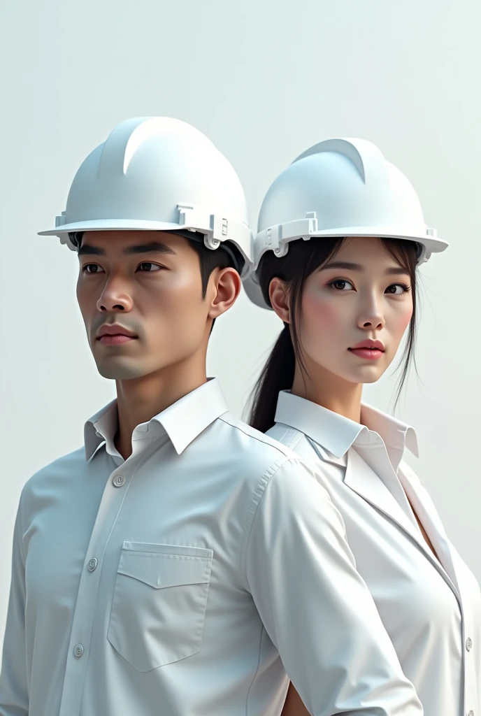 male and female civil engineer with white helmet, a smooth helmet with animated figures, where only half the body and a white background are visible
