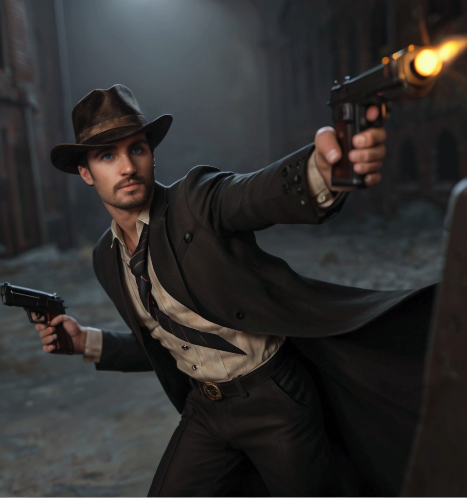 ((Best quality, 8k, Masterpiece: 1.3)), Sharp focus: 1.2, A male with fit body structure: 1.4, Highly detailed face and skin texture, perfect hands, Detailed eyes, Caucasian skin, dark brown hair, Ultra realistic, photorealistic, unreal engine, cinematic realism, handsome man, accurate copy, in a H.P. Lovecraft style, cinematic pistol guns in each hand, cinematic character, Arkham Horror Joe Diamond, 1920’s era