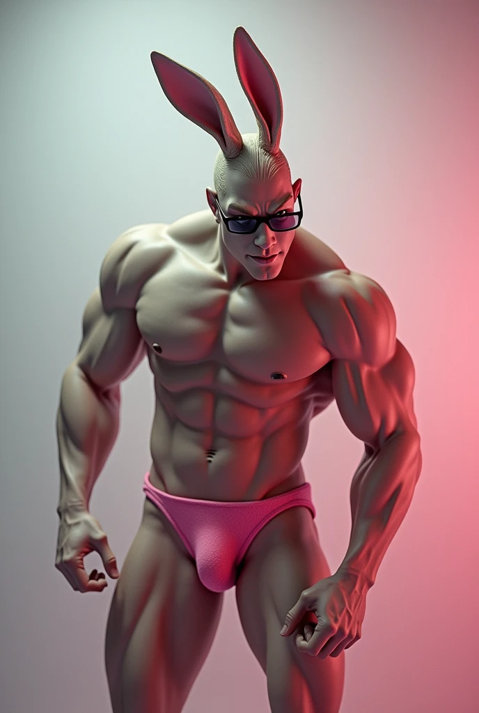 BDSM erotic male Rabbit. Bent over doggy style. White, pink and Grey shades. Wearing a pink thong with semi muscular body. Sexy eyes. Transparent sunglasses