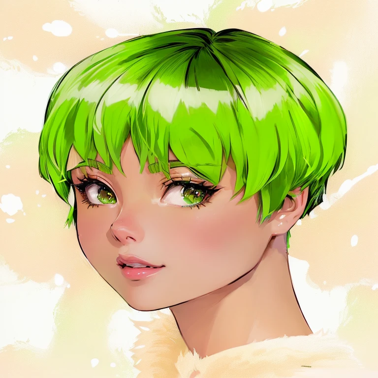 a close up of a cartoon of a woman with green fur, anime style portrait, short green fur, semi-realistic anime style, detailed color portrait, Colored screen tone, bright green fur, green fur, short green bobcut, in digital illustration style, short unkempt green fur, colored linear, colored linear, colored illustration, anime style character