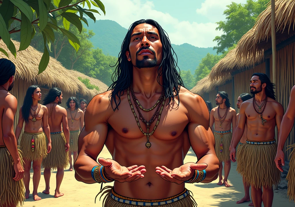An indigenous man without upper garments with long straight hair looking at his own hands in amazement, in the background of the image there is a village with several people dressed in straw and leaves, comic book style, the scene contains vibrant and quite striking colors.