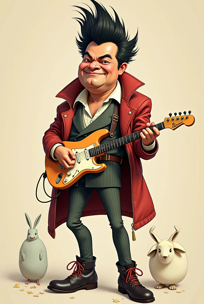 make ,a realistic full body shot,exagerrated ,caricature funny animation,of japanese man different look,different style, different hairstyle, This masterpiece captures the essence of the era, radiating nostalgia and vintage charm.,wearing rocker outfit,simple background.high detail