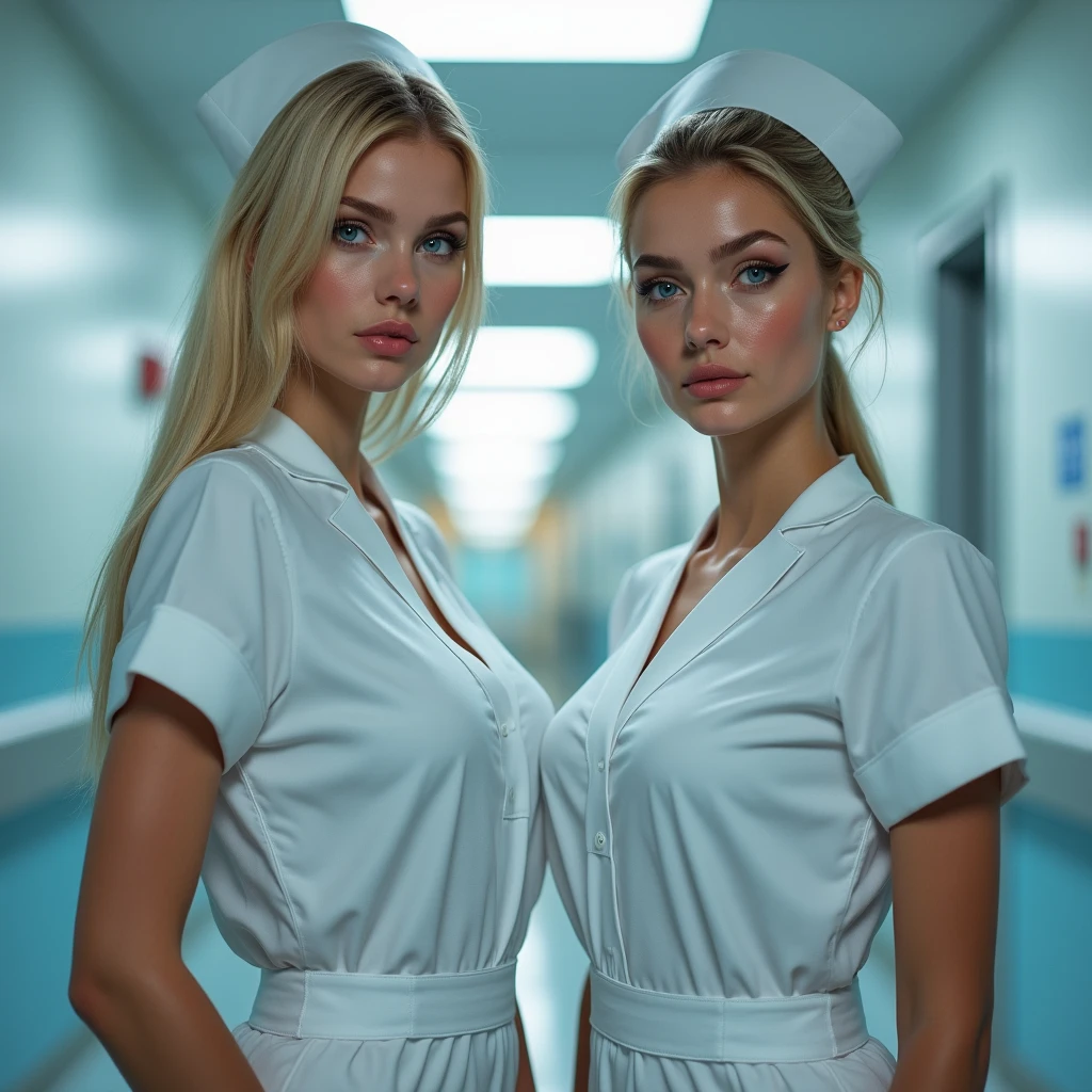 Ultra-realistic photos. Two young women in their 30s: (One has long, straight blonde hair, 青いeye, compensate "Cat'eye", Lucius with plump lips, Slim hourglass shape, Perfect body, Natural medium sized breasts); (The other has long blonde hair, макияж «Cat'eye», Lucius with plump lips, High-class appearance, Perfectly toned body, Large, swollen breasts). Both of them are wearing nurse uniforms with large round collars.., Breaking my chest a little. The two stand side by side in a hospital hallway.. Both look good on the whole body.. High resolution.
