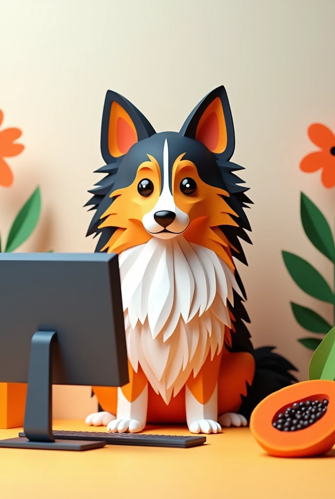 a tri-colored collie, sitting in front of a computer, with a piece of papaya,  masterpiece, all in three dimensional paper art、(Almond Shapes);1.9、(Three-dimensional paper-cut art.、colorful):1.9

