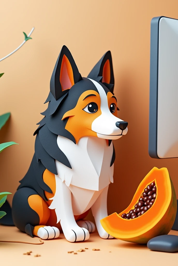 a tri-colored collie, sitting in front of a computer, with a piece of papaya,  masterpiece, all in three dimensional paper art、(Almond Shapes);1.9、(Three-dimensional paper-cut art.、colorful):1.9
