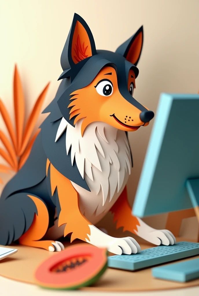 a tri-colored collie, sitting in front of a computer, with a piece of papaya, masterpiece, all in three dimensional paper art、(Almond Shapes);1.9、(Three-dimensional paper-cut art.、colorful):1.9