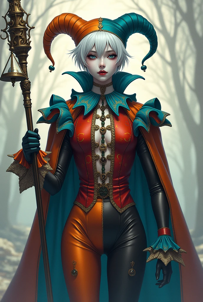 White-haired, white-eyed man wears tight-fitting harlequin garments, He has a staff with a musical triangle and a porcelain mask.. With anime drawing style