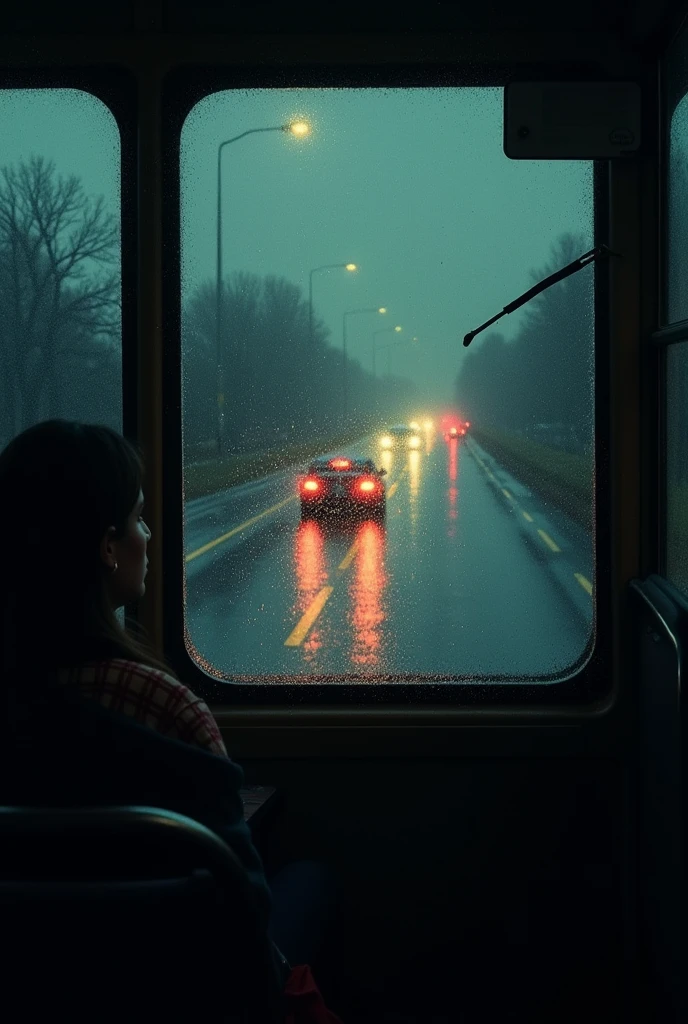 A view of photo taken from inside the bus through windows raining outside little dark , the photo of road with vehicles and the lights from the vehicles reflect in the water droplets 