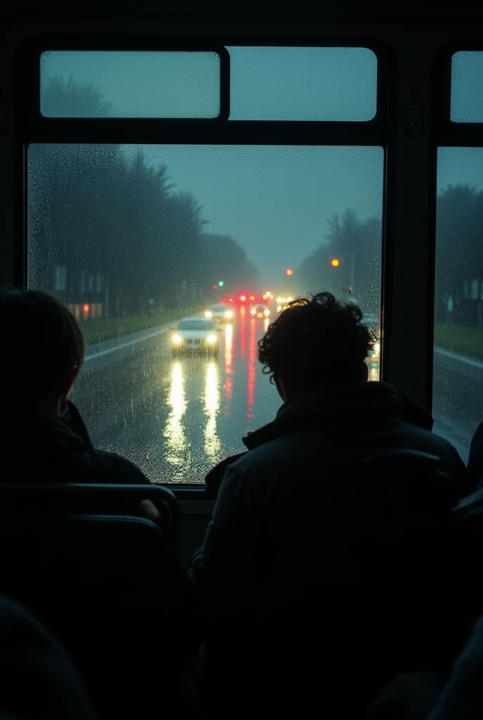 A view of photo taken from inside the bus through windows raining outside little dark , the photo of road with vehicles and the lights from the vehicles reflect in the water droplets