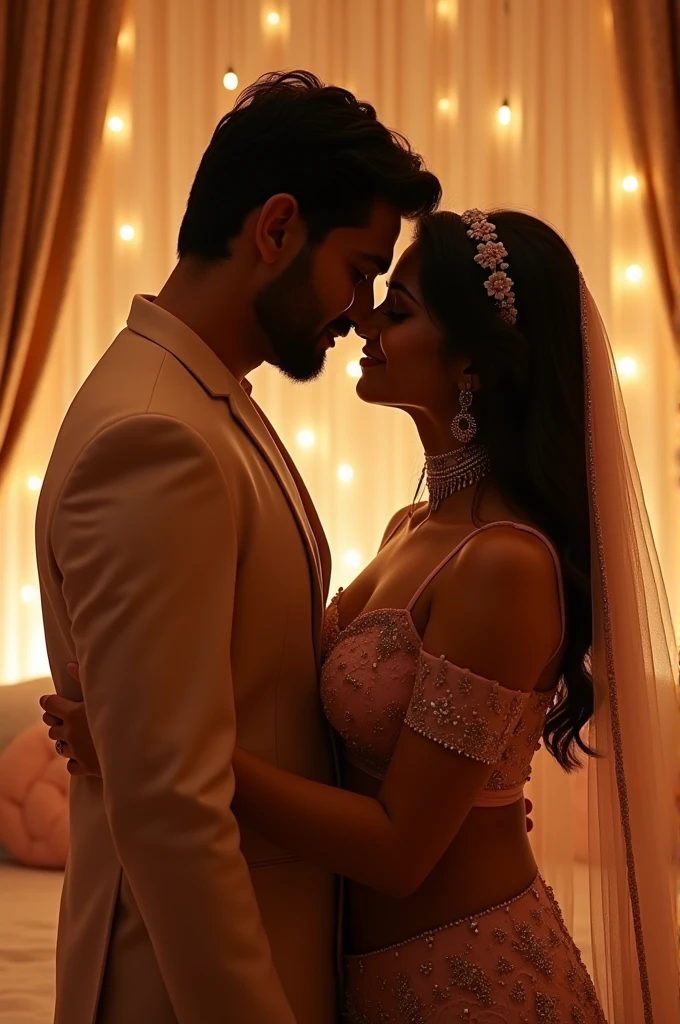A 1 Indian boy named Nitesh and a 1 Indian girl named Shidhika, a stunning and passionate couple on their honeymoon. The names 'Nitesh' and 'Shidhika' are elegantly displayed clearly on each other's attire or subtly inscribed on their bodies, They stand close together, sharing a warm, romantic moment at on a beautiful Bedroom. The scene captures their love and chemistry in stunning 4K quality, lovely, hot, and romantic couple