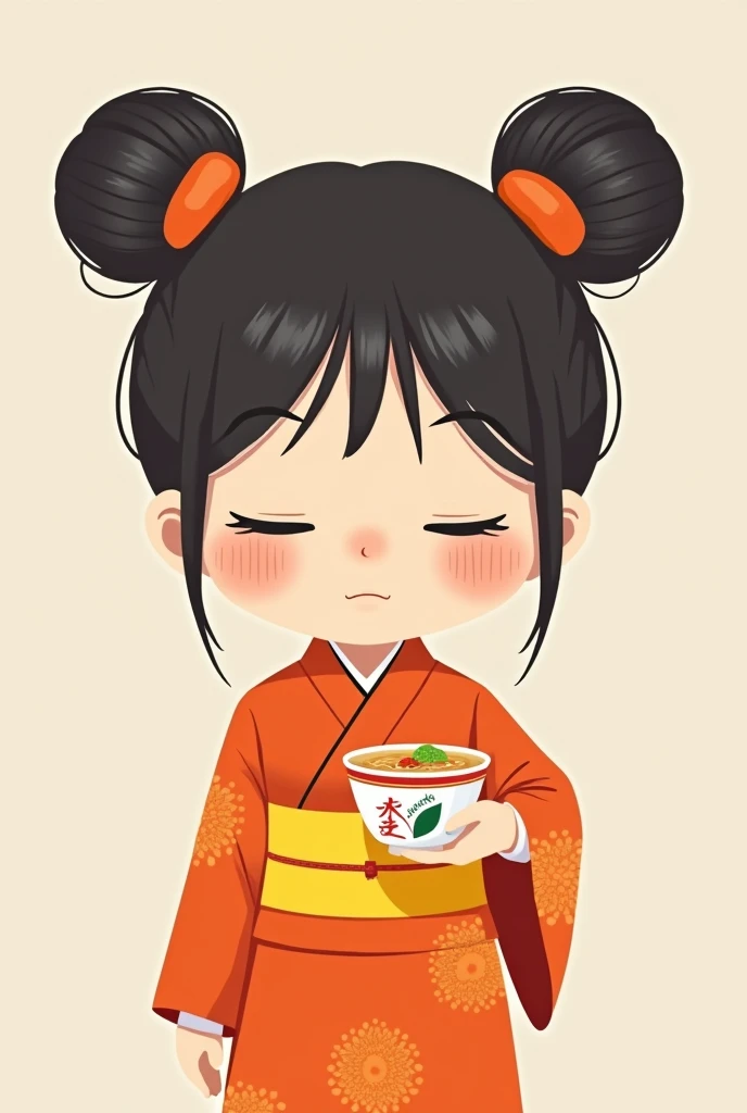 A simple drawing without many features of a closed-eyed Chinese girl with two Pucca-type tails and an orange kimono and yellow sashes and an instant noodle soup in her hand so that her face does not look so real in the South Park style without much shine and not at all realistic.