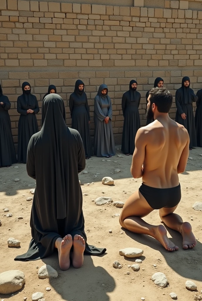 Aerial view of a brick wall dividing two groups of people praying. On the left side, women in evangelical garments standing, facing the wall. on the right side, strong, bearded Iranian men in just their underwear and an Islamic headdress on their heads kneeling, also facing the wall. The scene is solemn, with nearby groups, showing unity in their respective spaces. The surrounding area is desolate, highlighting the importance of prayer and separation by the wall.