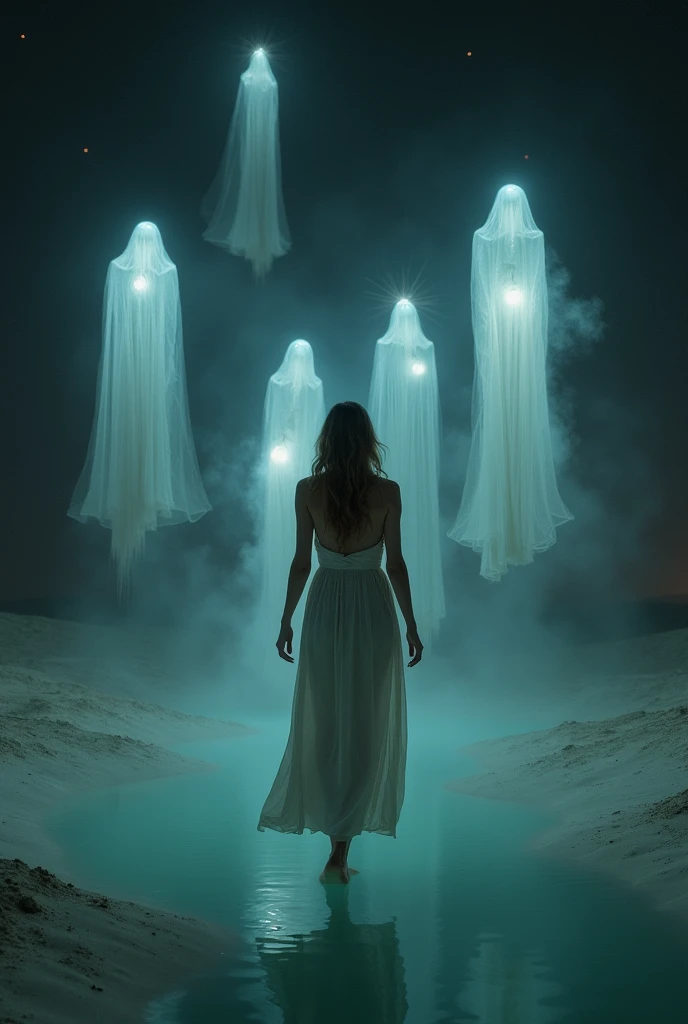 A woman standing in water holding a sheet。, 彼女は空中にFloating, inspired Brooke Shaden, dream-like、Ethereal、And dark, Ethereal frame, At night, Floating Ghosts, Floating, Brooke Shaden, 砂漠のAt night浮かぶ, Rise from the ground, Wearing a loose white dress, Mysterious and otherworldly