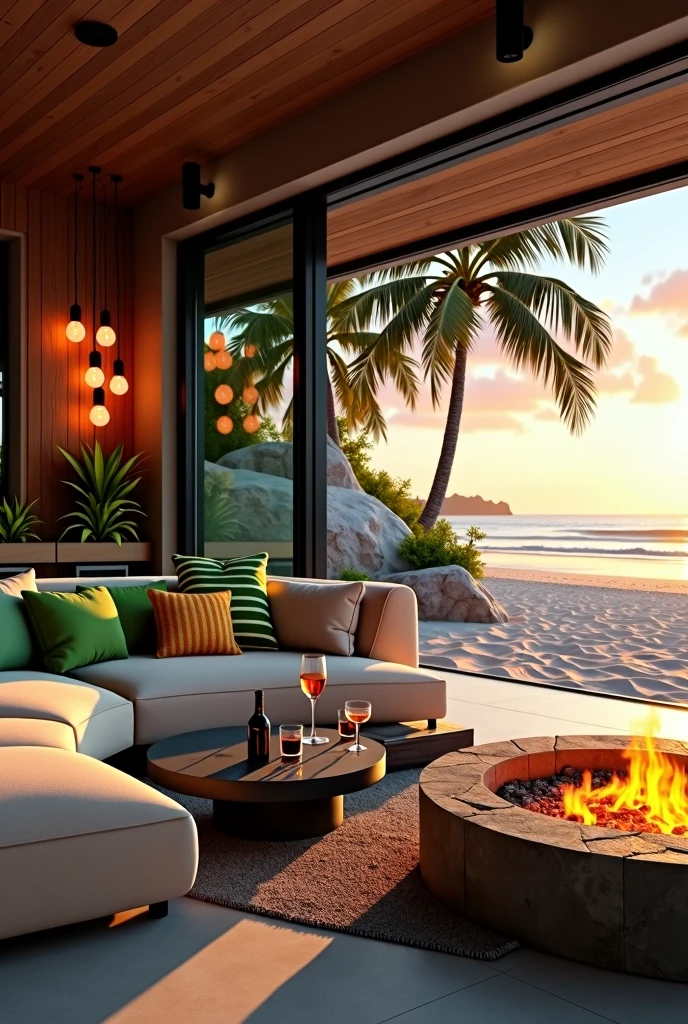 Design a luxurious outdoor living space on a sandy beach at sunset. The area features a modern, open-plan setup with large glass doors, a comfortable beige sectional sofa adorned with green and striped pillows, and a sleek black coffee table with two glasses of wine and a wine bottle on it. In the center, there is a circular stone fire pit with a vibrant fire, casting a warm glow. Hanging above the space are several exposed light bulbs with dark fixtures, adding a stylish and cozy atmosphere. In the background, palm trees gently sway with the sea and sky reflecting the colors of the setting sun