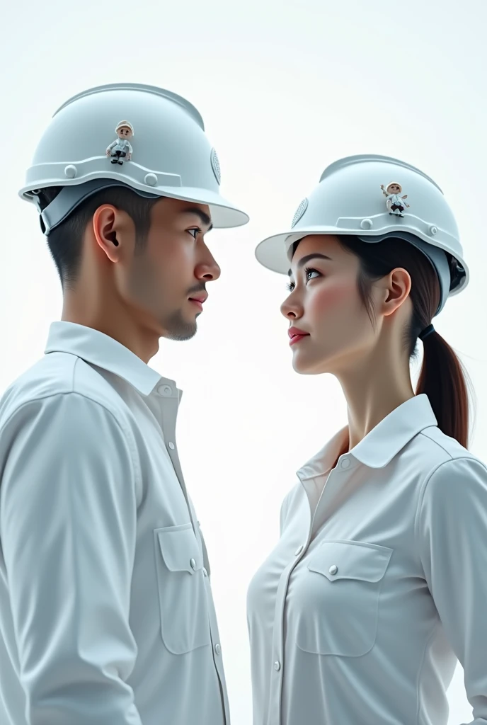 male and female civil engineer with white helmet, a smooth helmet with animated figures, where only half the body and a white background are visible