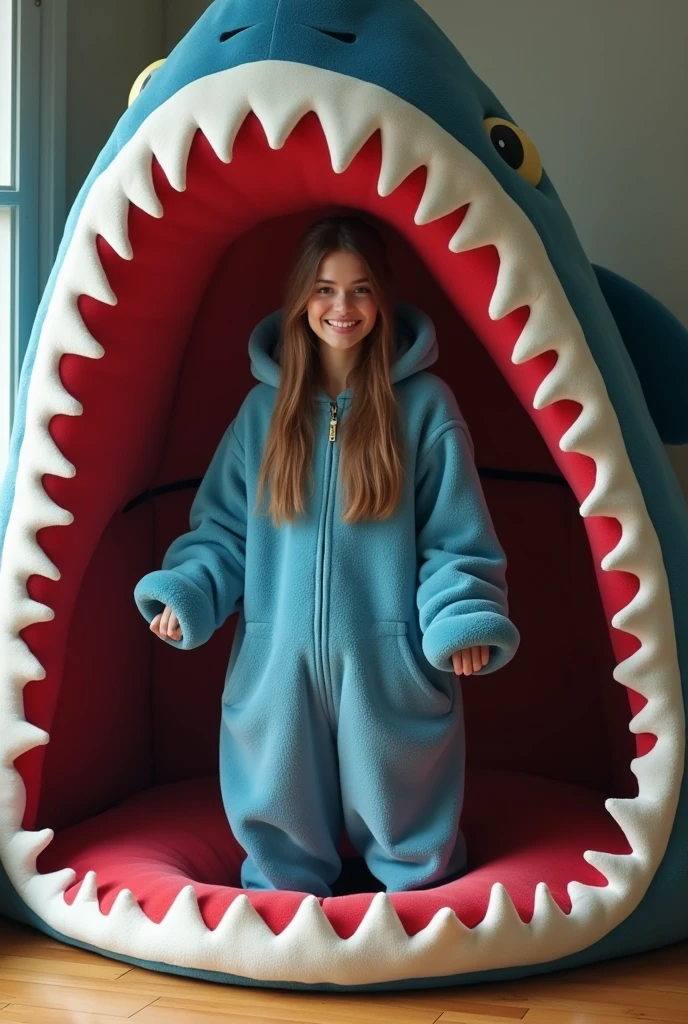 a young woman dressed in a large, stuffed animal-like costume, resembling a large blue shark. She is standing inside a giant stuffed animal, The woman is smiling, adding a playful and fun element to the scene. wooden floor, creating a cozy atmosphere. The costume and the floor together make for an interesting and whimsical scene. the inside of the costume mouth is red
