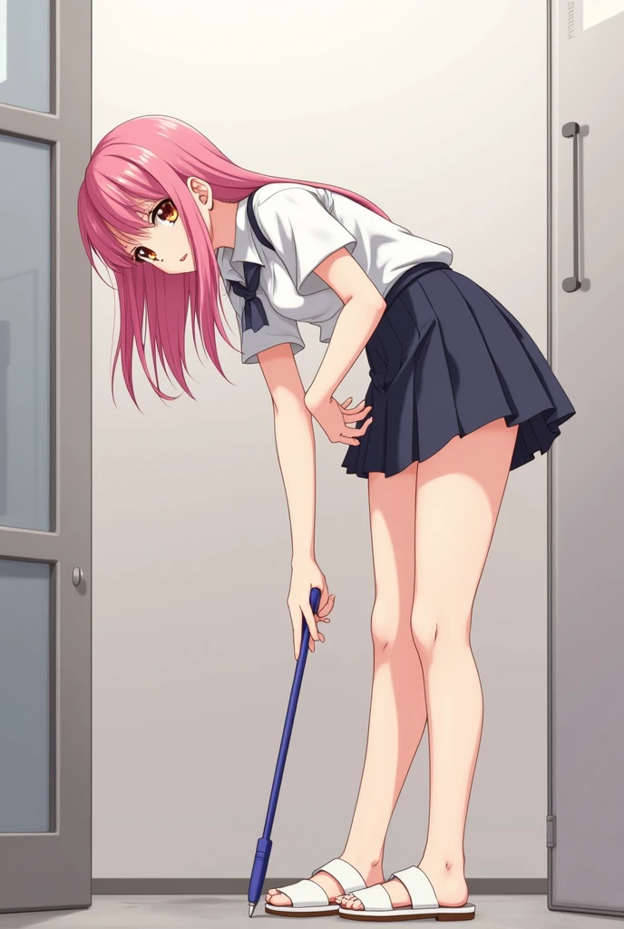 Anime girl in miniskirt picking up a pen from the ground while standing, bending 70°(*behind lower view*)