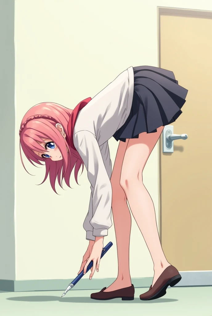 Anime girl in miniskirt picking up a pen from the ground while standing, bending 70°(*behind lower view*)