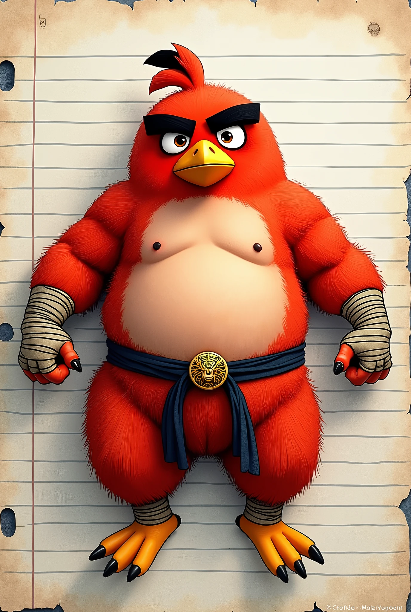 I would like a little red bird from Angry Birds just in the shape of a man&#39;s body with his hands bandaged looking like he fights some martial art and with a tiger belt with a golden cymbal and a black belt without a shirt with two armbands on each arm now make it look like a  made it on a sheet of notebook paper lying down and his chest covered in red fur




