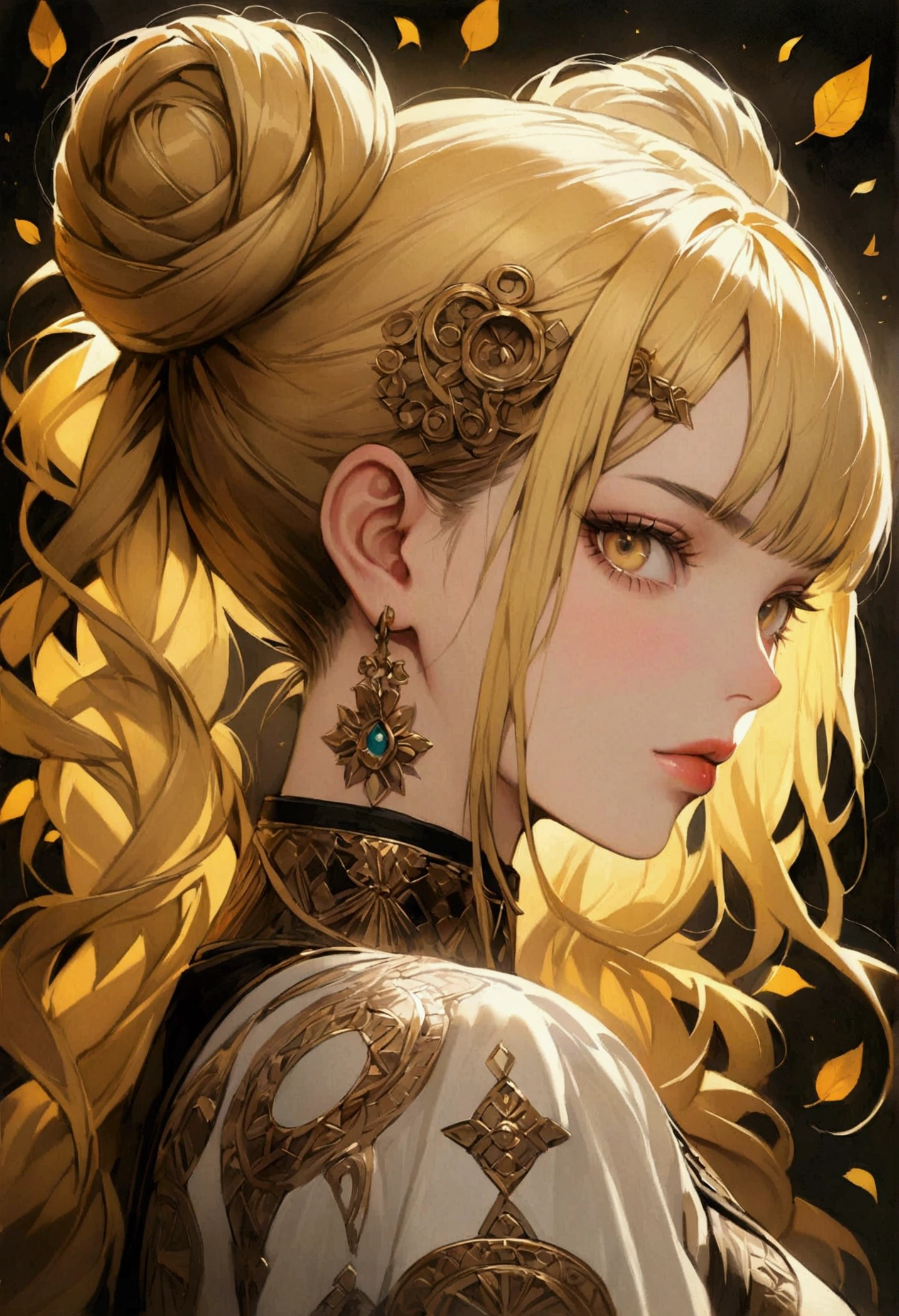 A highly detailed, hyper-realistic portrait painting of a young woman with vibrant gold hair styled in an elaborate high bun and two long braided pigtails. The blonde hair features intricate insetos moscas baratas escaravelho with various insetos including moscas batatas insetos and a prominent cats with 'UNS' written in white bold letters. The woman's face is starsvered in elaborate tattoos with intricate designs including swirls, leaves, geometric pat