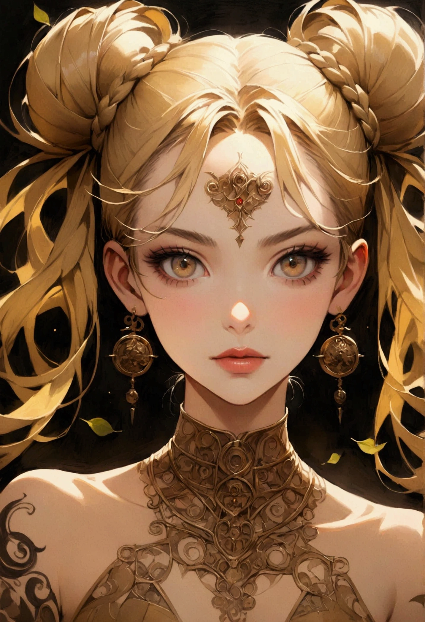 A highly detailed, hyper-realistic portrait painting of a young woman with vibrant gold hair styled in an elaborate high bun and two long braided pigtails. The blonde hair features intricate insetos moscas baratas escaravelho with various insetos including moscas batatas insetos and a prominent cats with 'UNS' written in white bold letters. The woman's face is starsvered in elaborate tattoos with intricate designs including swirls, leaves, geometric pat