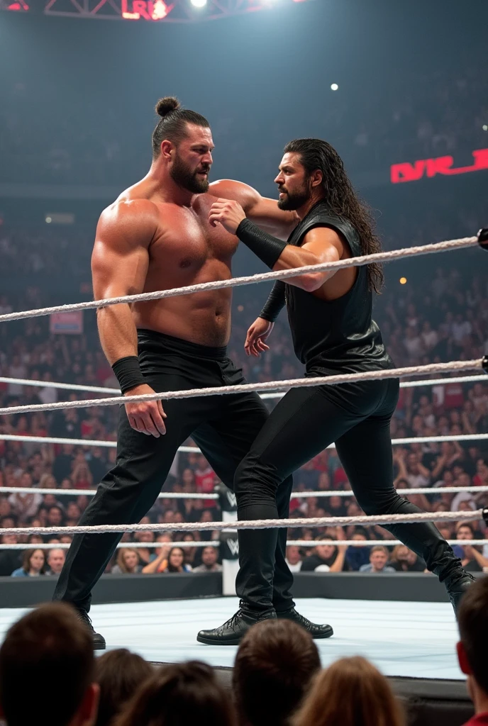 A photo of a WWE wrestling match between Brock Lesnar and Roman Reigns. Brock Lesnar, a muscular wrestler with a topknot hairstyle, is standing inside the ring. He is 1.91 meters tall.
He is throwing Roman Reigns, a wrestler with long hair and also 1.91 meters tall, out of the ring. The background is filled with spectators.