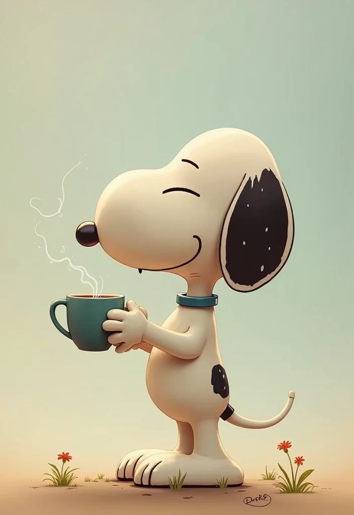 A drawing of Snoopy, the famous dog from the comic strip &#39;Peanuts&#39;. He wears sunglasses and a shirt. He is standing and leaning against his doghouse in the background.. Snoopy is holding a coffee mug, with steam rising from it. The drawing style is composed of firm and bold lines., Handmade, no shading. The overall look is clean and minimalistic, with precise and confident features, emphasizing the character and the scene.