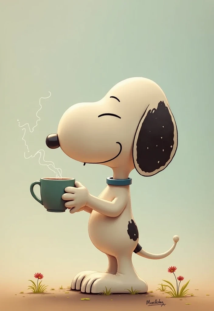 A drawing of Snoopy, the famous dog from the comic strip 'Peanuts'. He wears sunglasses and a shirt. He is standing and leaning against his doghouse in the background.. Snoopy is holding a coffee mug, with steam rising from it. The drawing style is composed of firm and bold lines., Handmade, no shading. The overall look is clean and minimalistic, with precise and confident features, emphasizing the character and the scene.