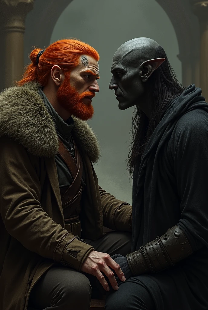 clear, who has red hair and a scar over his left eye, sitting with a dark skinned male Elf, menacing look 