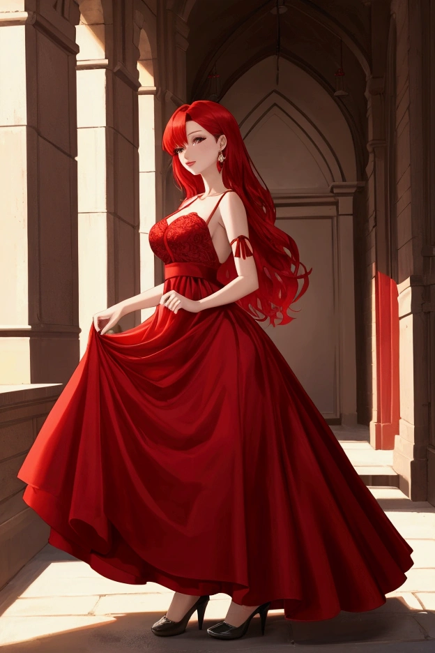 Red-haired woman in a long red dress with straps and an open skirt