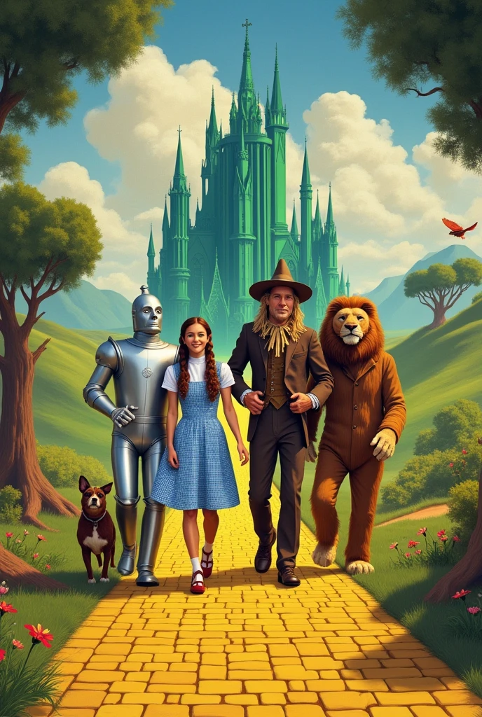 A cover just like the one in the movie "the wizard of oz" from 1939, but in place of the title "the wizard of oz" to place "The controllers" with the same font and put 4 people in the photo, a tin man, a scarecrow, a dorothy, a kleão man and a dog, just like in the movie