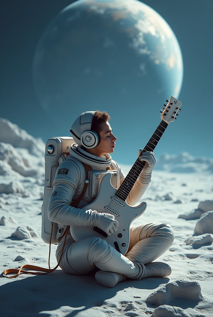 Guitar on the moon with headphones