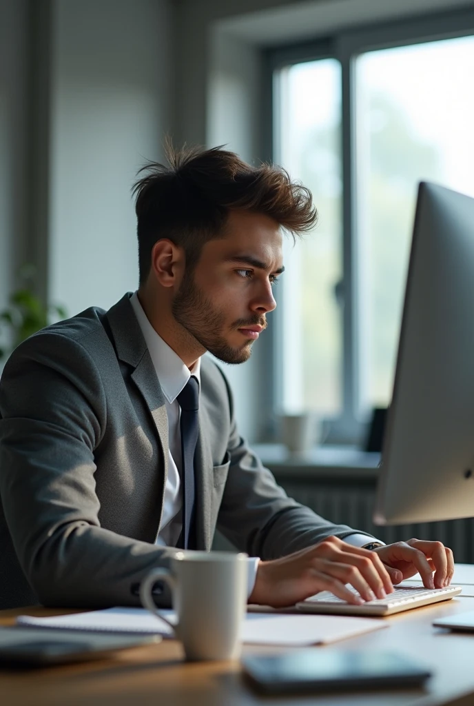 a young person working diligently in an office.
