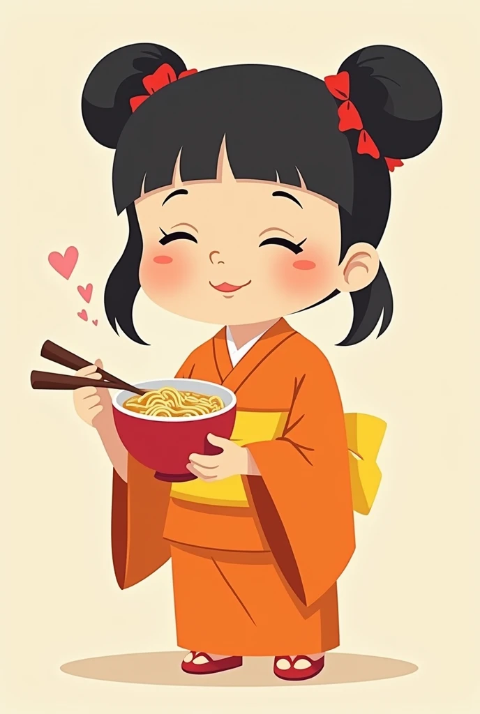 A simple drawing without many features of a closed-eyed Chinita with Two Pucca-type Tails and an Orange Kimono and Yellow Sashes and an Instant Noodle Soup in her hand so that her face does not look so real in the Pucca style without much shine and not at all realistic.