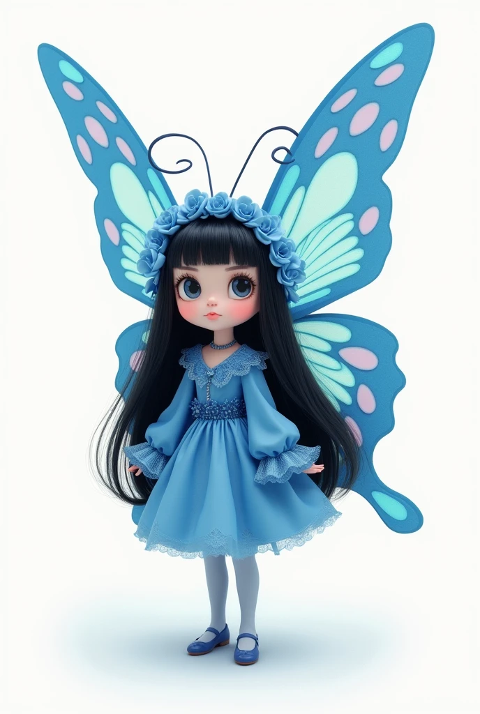 A cute little butterfly with long straight black hair wearing a blue outfit on a white background
