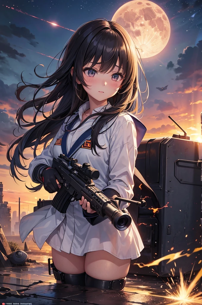 (16K,Ultra-high resolution,Highest quality,masterpiece,Super detailed,Attention to detail,Very vivid CG),Photographed from the front,((A high school girl of the near future firing a heavy machine gun)),Japanese((Flash from the gun muzzle:1.3)),Anatomically correct body,Highly detailed facial features, Beautiful and perfect face, Perfect Eyes,Best Anime,The best CG,Ruined city at sunset,A very close full moon,Detailed background