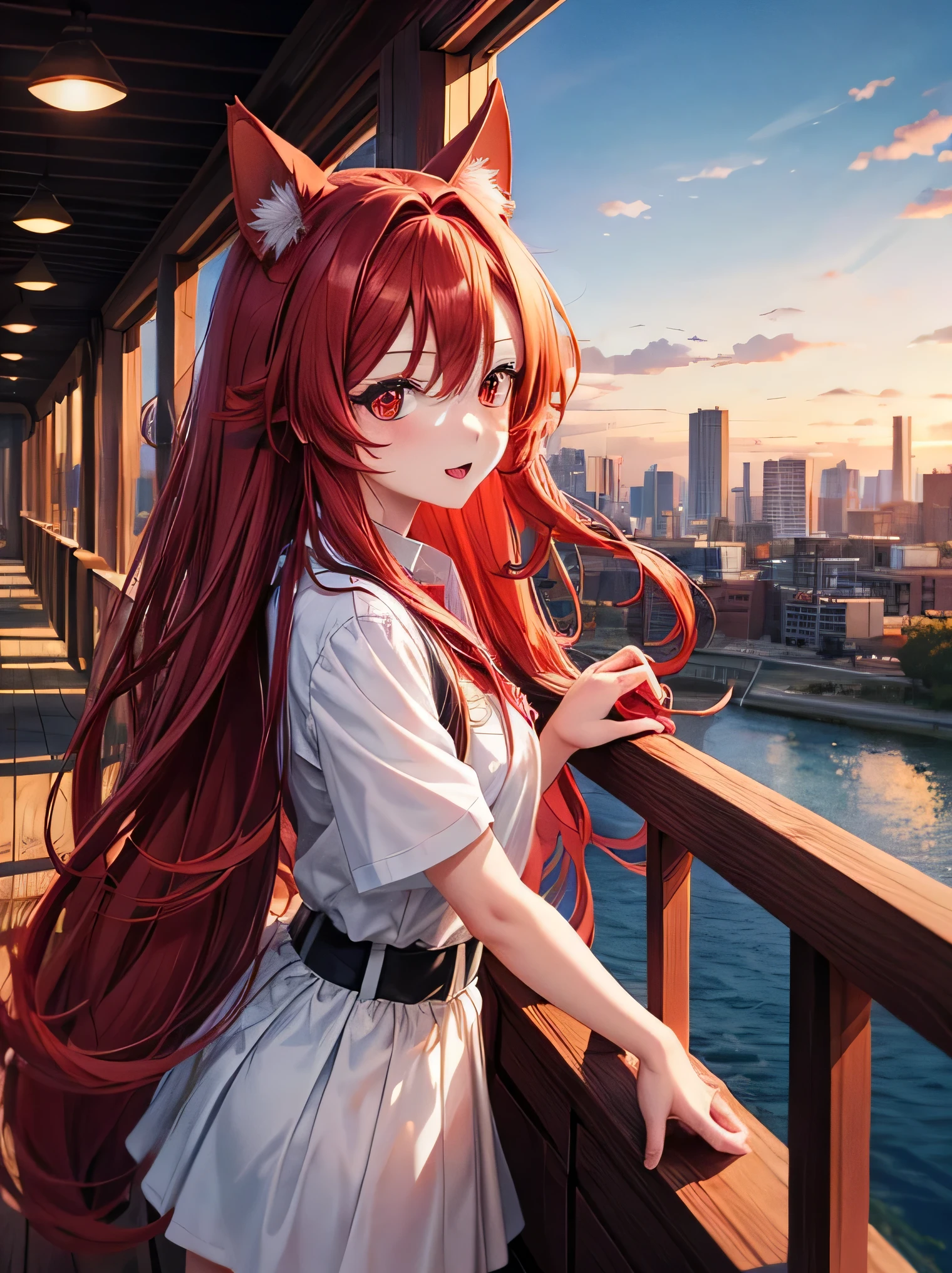 anime girl, long red hair, red eyes, red dog ears, red dog tail, scenic background