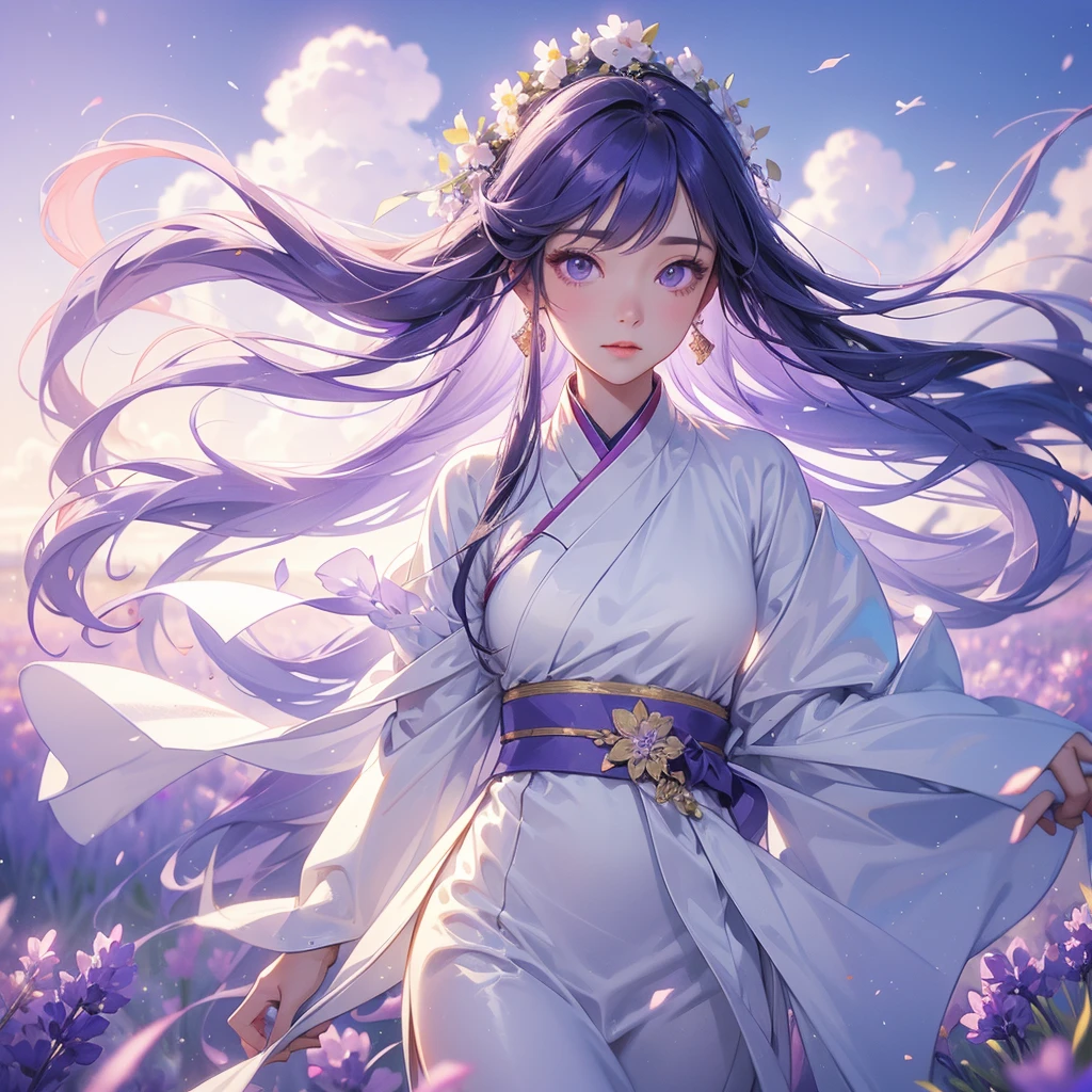 A beautiful female in white hanfu dress , Stroll among the purple lavender fields , There are some floating clouds, close up.