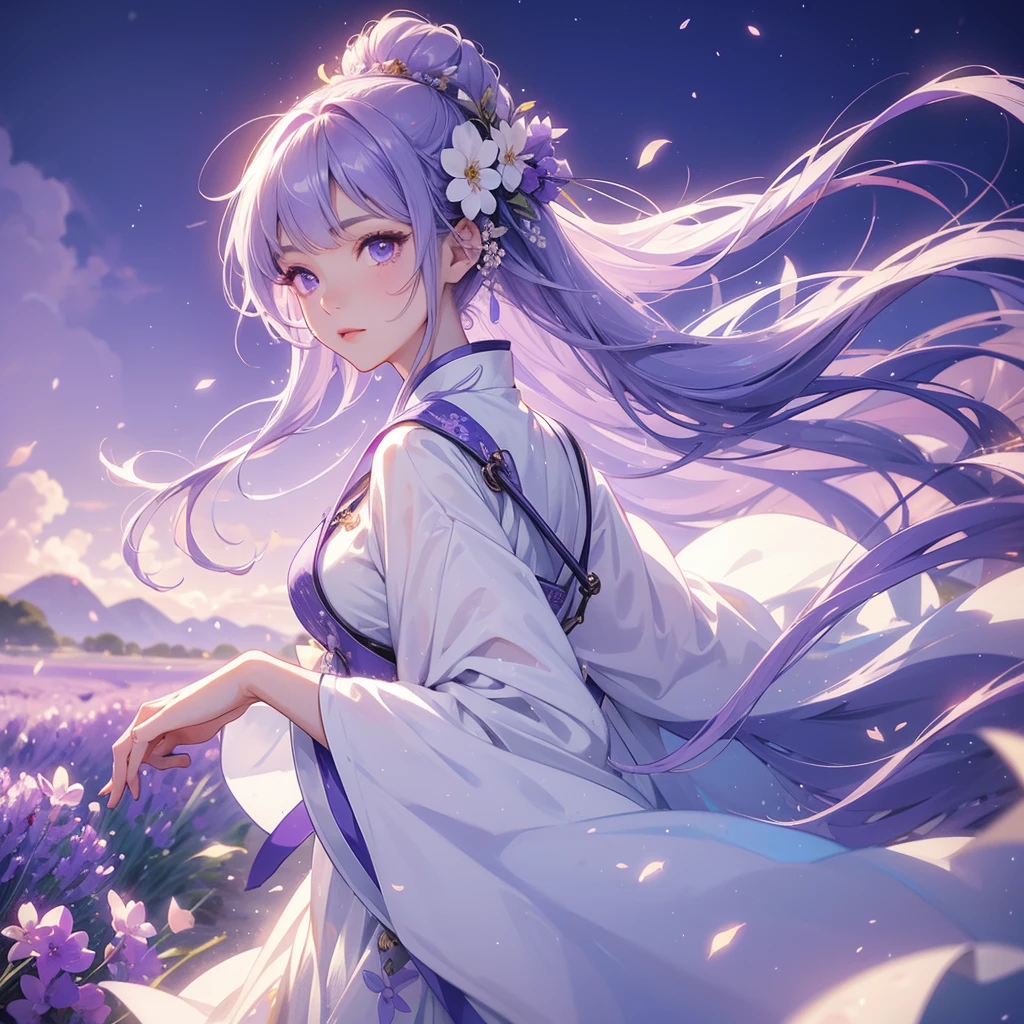 A beautiful female in white hanfu dress , Stroll among the purple lavender fields , There are some floating clouds, close up. 