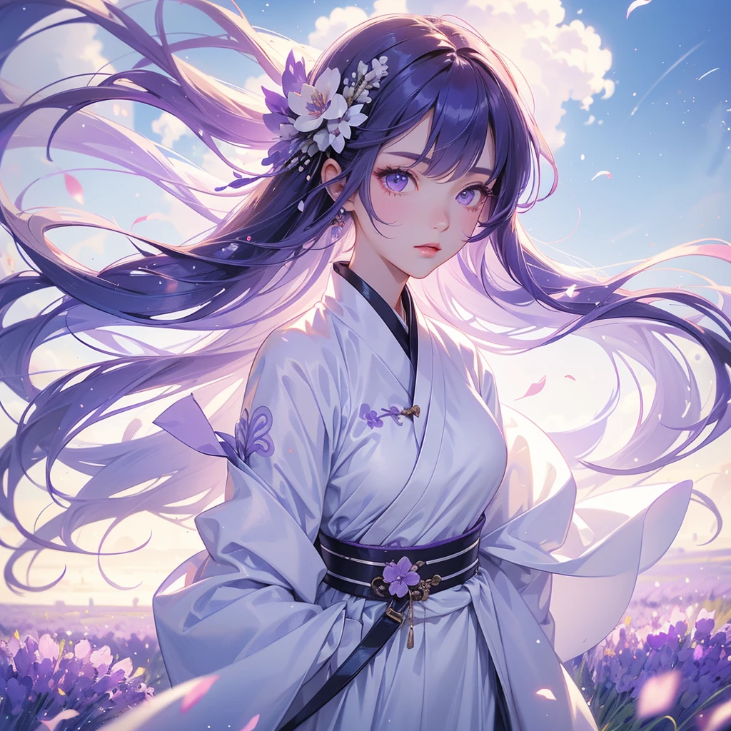 A beautiful female in white hanfu dress , Stroll among the purple lavender fields , There are some floating clouds, close up.