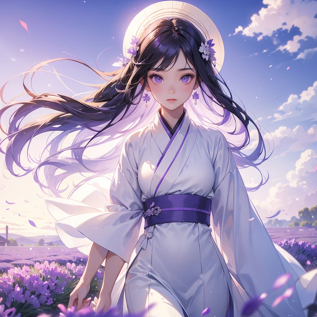A beautiful female in white hanfu dress , Stroll among the purple lavender fields , There are some floating clouds, close up.