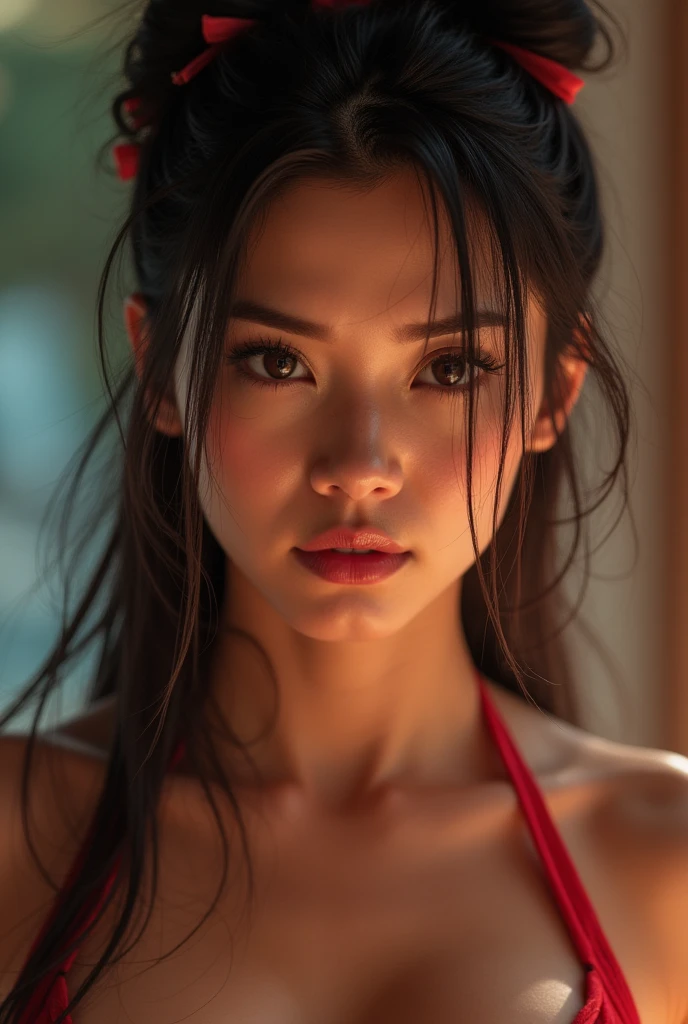 1 female, Chun-Li, 4k quality, very detailed, bokeh, great lighting, very sexy, slightly sweating, very serious faces. full body shot