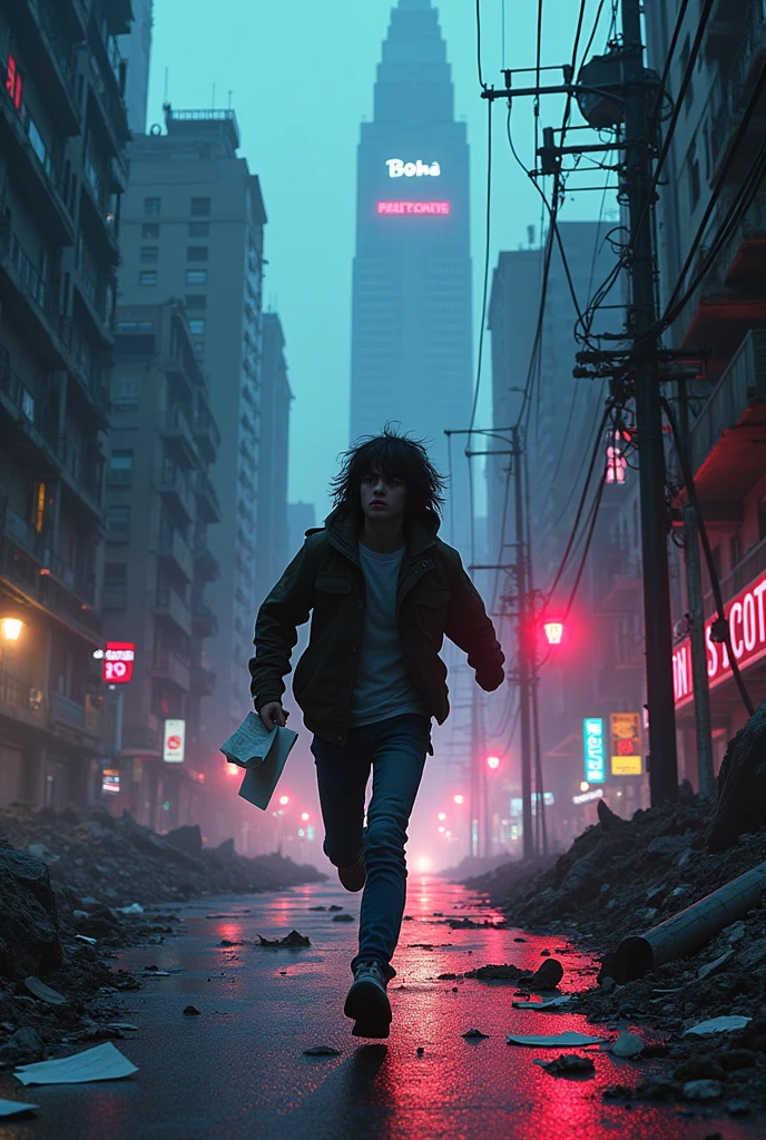 A cover of a sad teenager running on a road with a destroyed city with a paper letter in his hand, cyberpunk style, more lively with a title that says paper letters and a broken heart